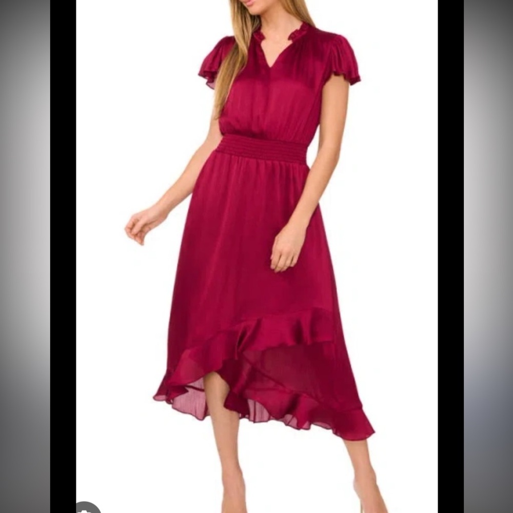 NWT CeCe Burgundy Ruffled Midi Dress flutter sleeves